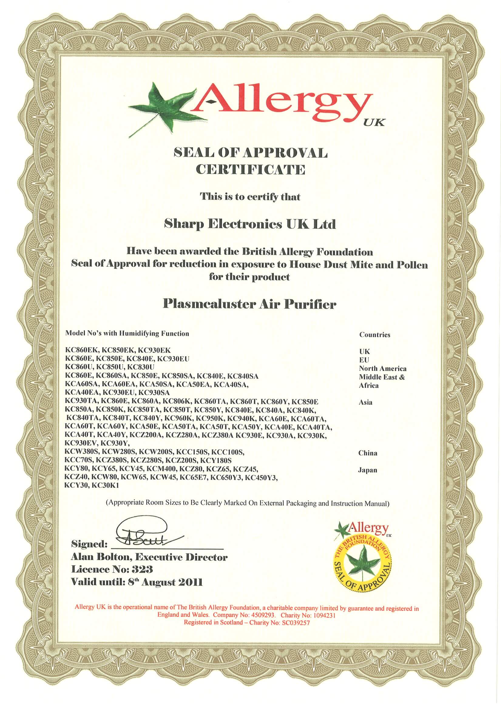 Certyfikat skuteczności przeciw Alergii dla oczyszczaczy powietrza SHARP Plasmacluster